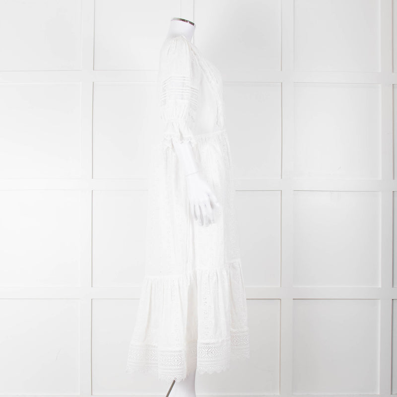 Self-Portrait White Cotton Broderie Anglaise Puff Sleeve Long Dress