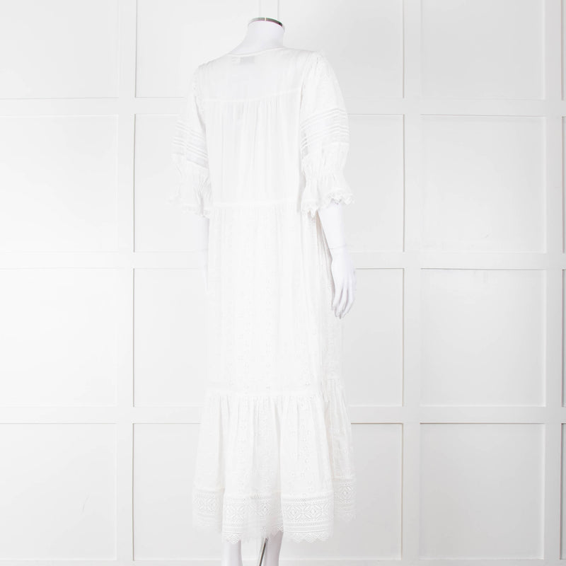 Self-Portrait White Cotton Broderie Anglaise Puff Sleeve Long Dress