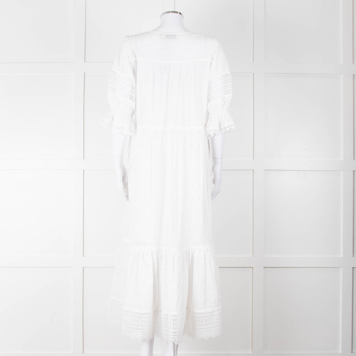 Self-Portrait White Cotton Broderie Anglaise Puff Sleeve Long Dress