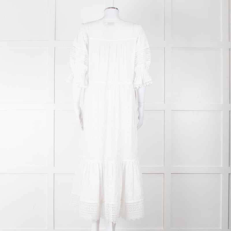 Self-Portrait White Cotton Broderie Anglaise Puff Sleeve Long Dress