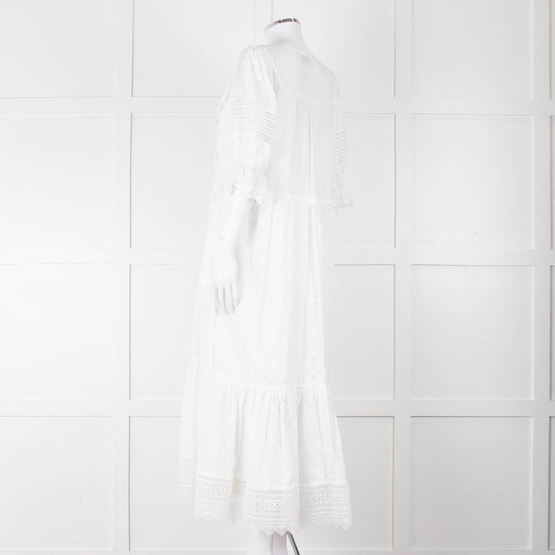 Self-Portrait White Cotton Broderie Anglaise Puff Sleeve Long Dress