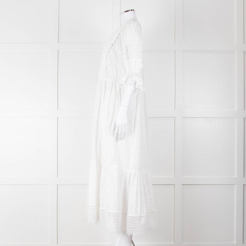 Self-Portrait White Cotton Broderie Anglaise Puff Sleeve Long Dress