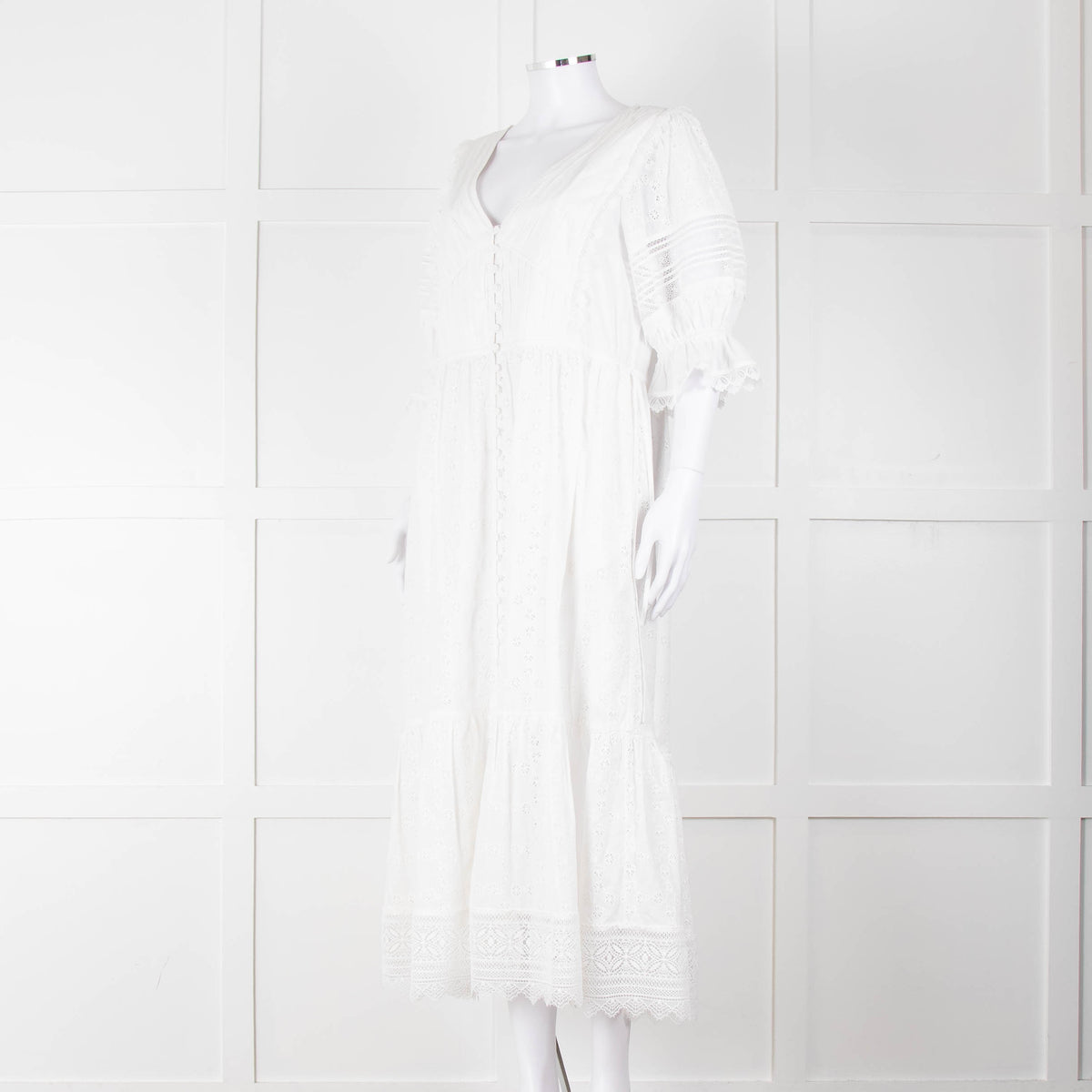 Self-Portrait White Cotton Broderie Anglaise Puff Sleeve Long Dress