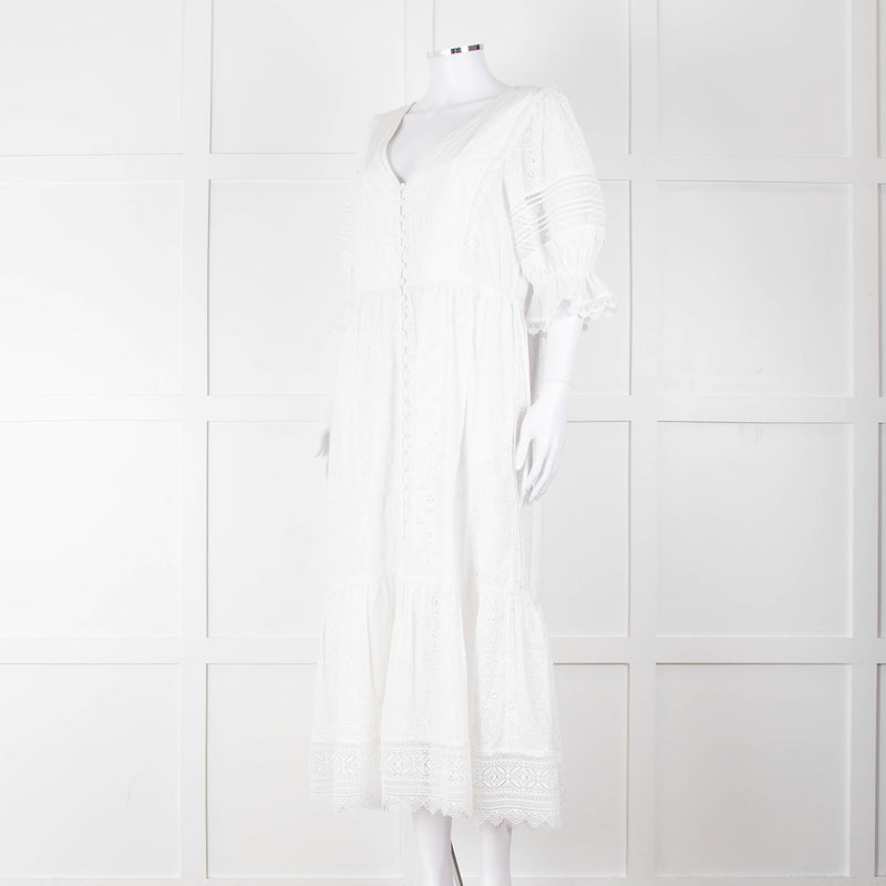 Self-Portrait White Cotton Broderie Anglaise Puff Sleeve Long Dress