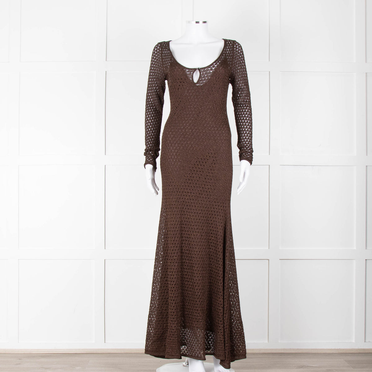 Tom Ford Chocolate Brown Lurex Crochet Maxi Dress + Slip