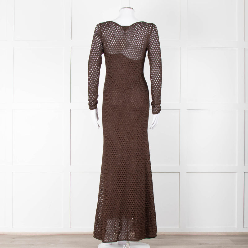 Tom Ford Chocolate Brown Lurex Crochet Maxi Dress + Slip