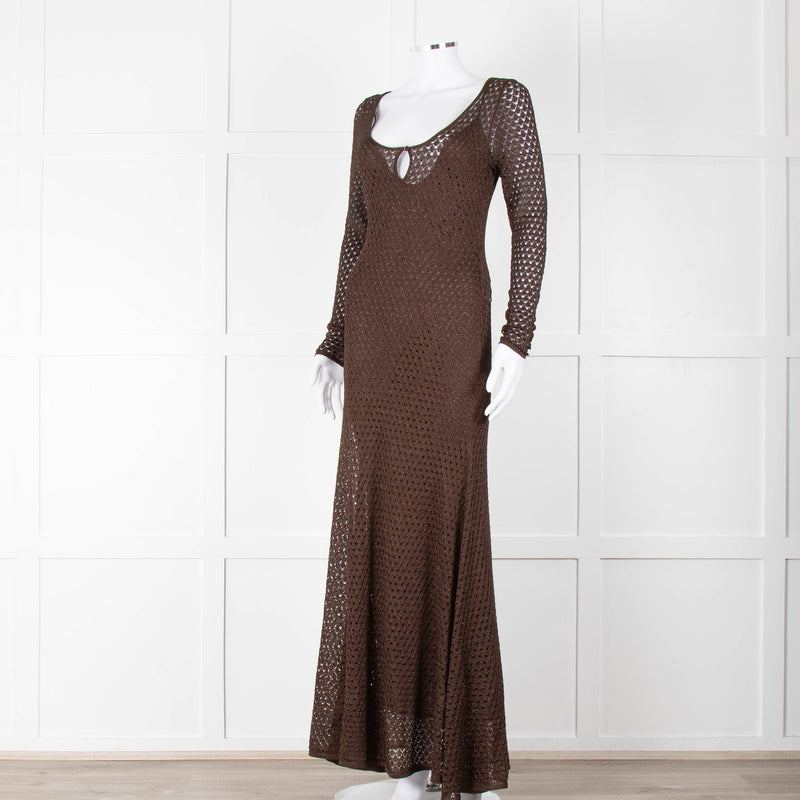 Tom Ford Chocolate Brown Lurex Crochet Maxi Dress + Slip