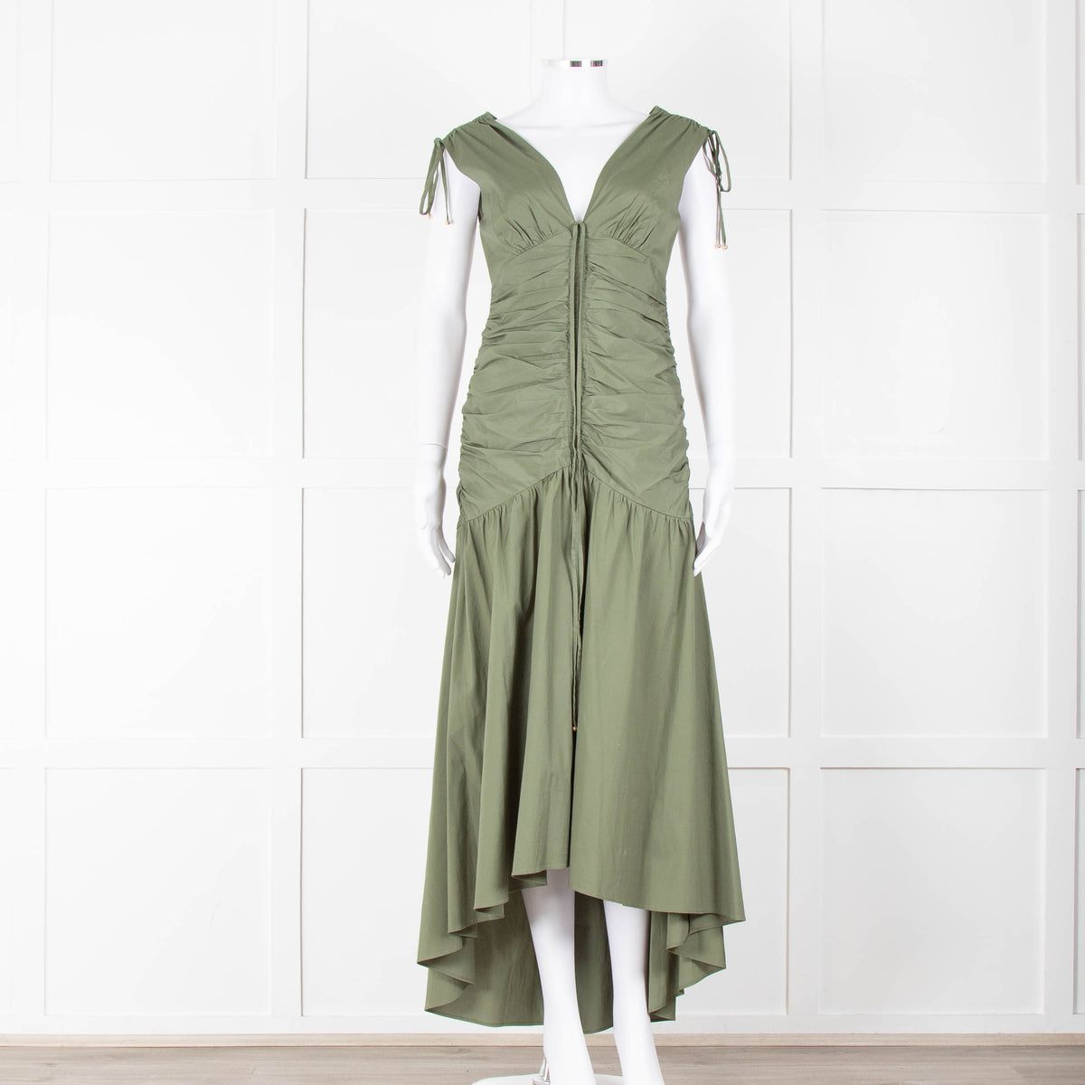 Veronica Beard Green Cotton Ruched Sleeveless Dress