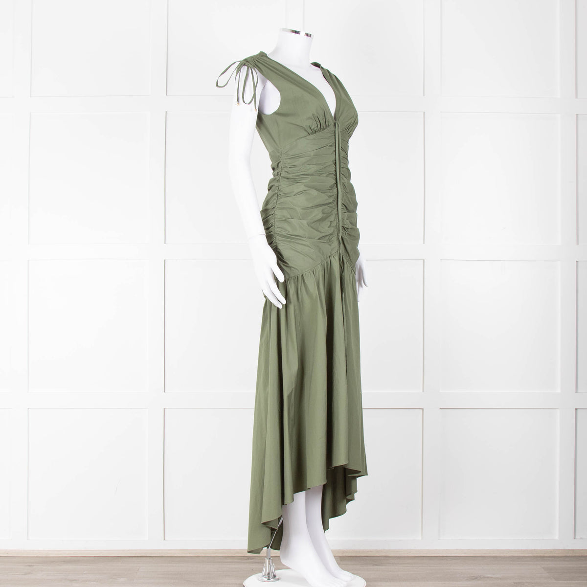 Veronica Beard Green Cotton Ruched Sleeveless Dress