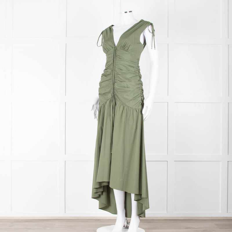 Veronica Beard Green Cotton Ruched Sleeveless Dress