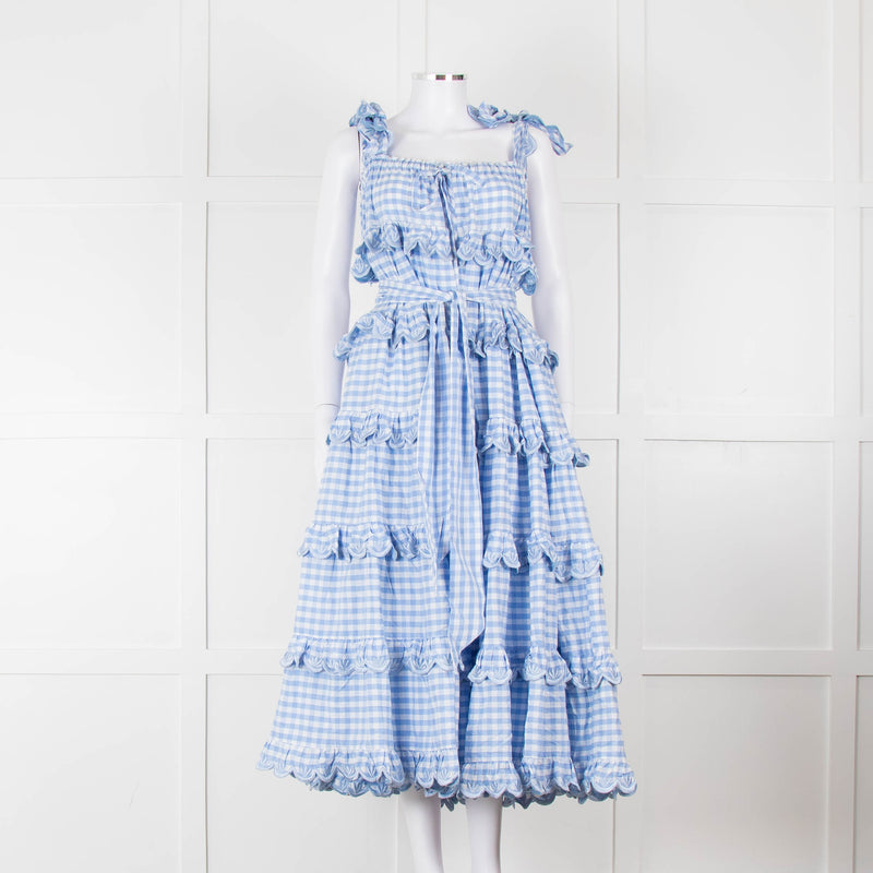 Innika Choo White Blue Gingham Check Sleeveless Tiered Maxi Dress