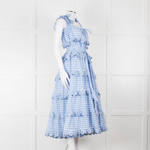 Innika Choo White Blue Gingham Check Sleeveless Tiered Maxi Dress