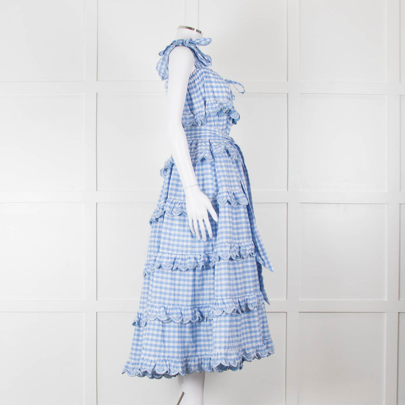 Innika Choo White Blue Gingham Check Sleeveless Tiered Maxi Dress