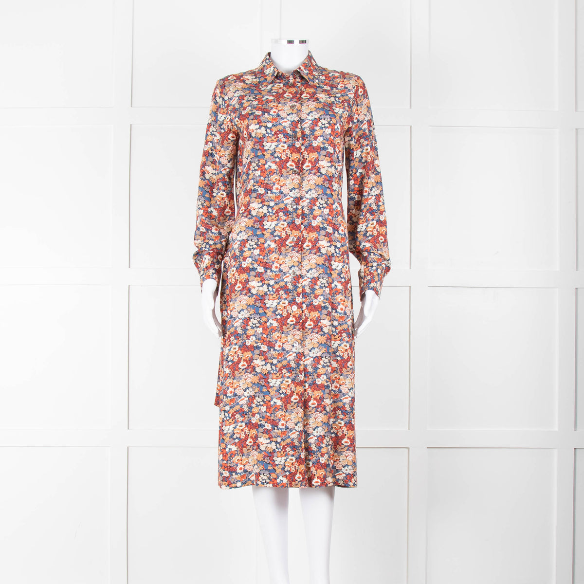 A.P.C Blue Orange Floral Button Up Belted Long Dress