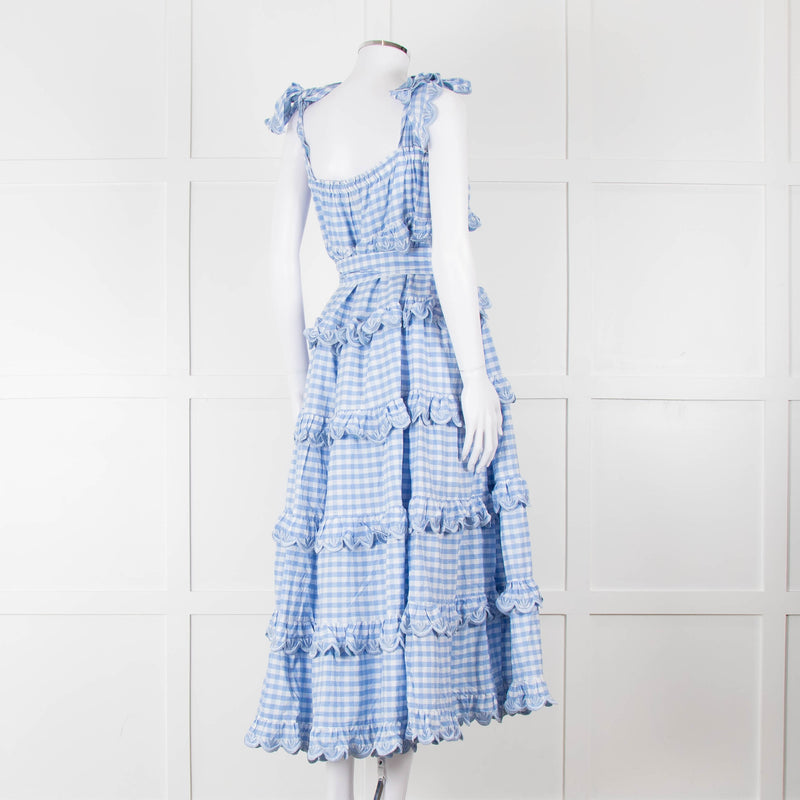 Innika Choo White Blue Gingham Check Sleeveless Tiered Maxi Dress