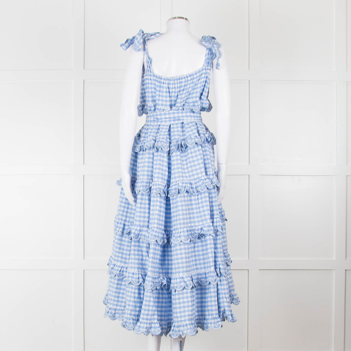 Innika Choo White Blue Gingham Check Sleeveless Tiered Maxi Dress