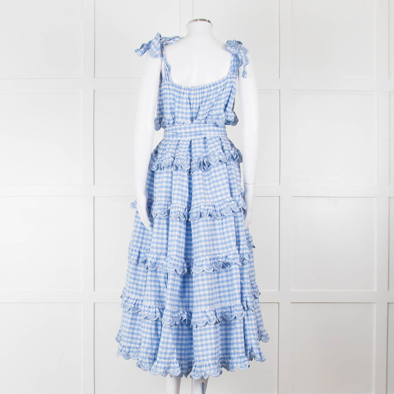 Innika Choo White Blue Gingham Check Sleeveless Tiered Maxi Dress