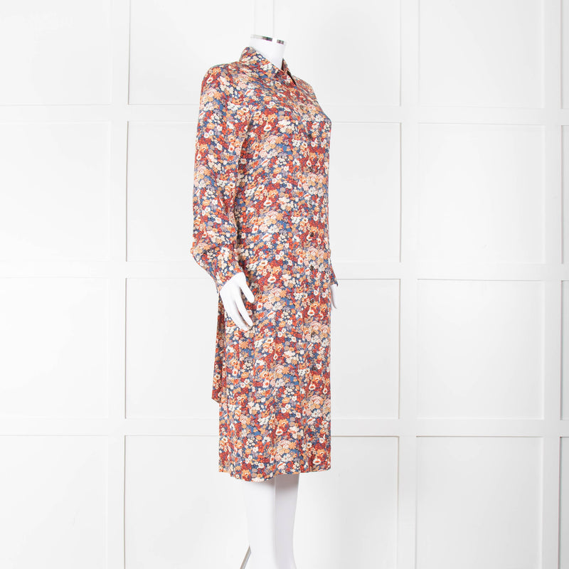 A.P.C Blue Orange Floral Button Up Belted Long Dress