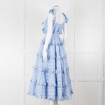 Innika Choo White Blue Gingham Check Sleeveless Tiered Maxi Dress
