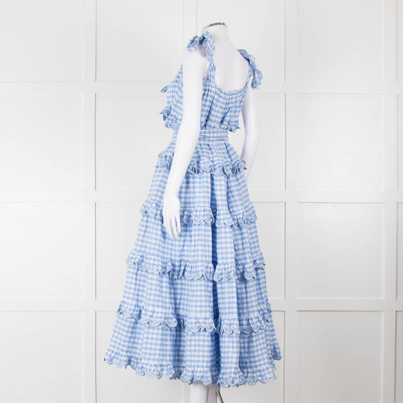 Innika Choo White Blue Gingham Check Sleeveless Tiered Maxi Dress
