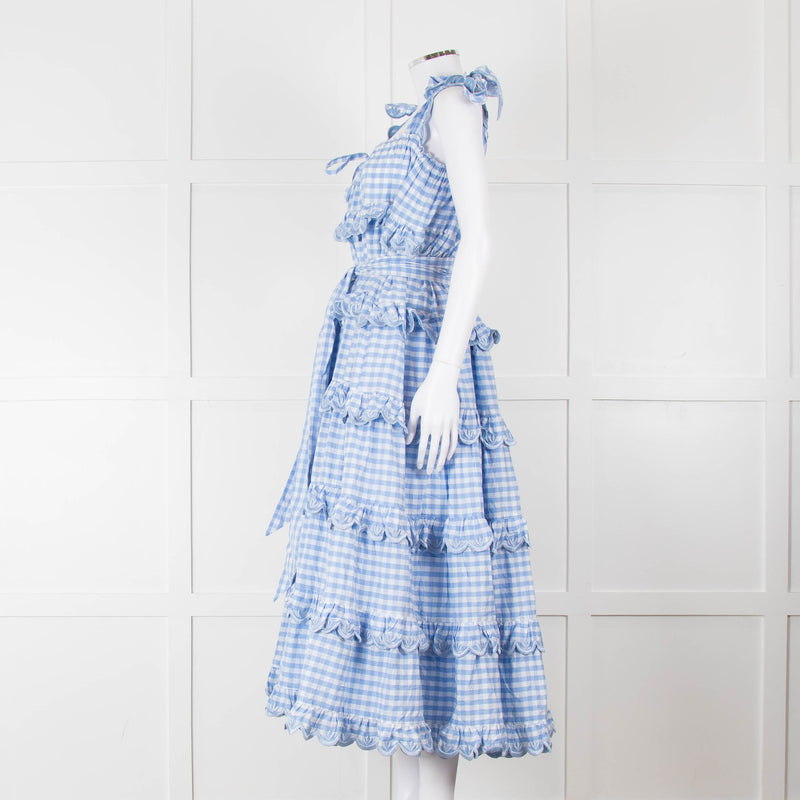 Innika Choo White Blue Gingham Check Sleeveless Tiered Maxi Dress