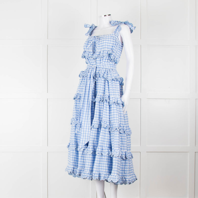 Innika Choo White Blue Gingham Check Sleeveless Tiered Maxi Dress