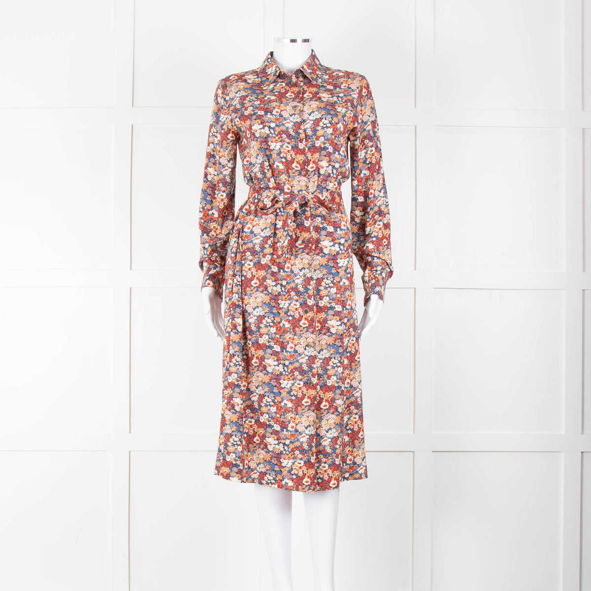 A.P.C Blue Orange Floral Button Up Belted Long Dress