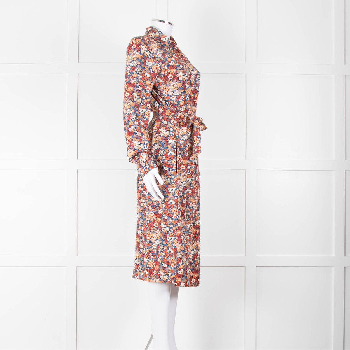 A.P.C Blue Orange Floral Button Up Belted Long Dress