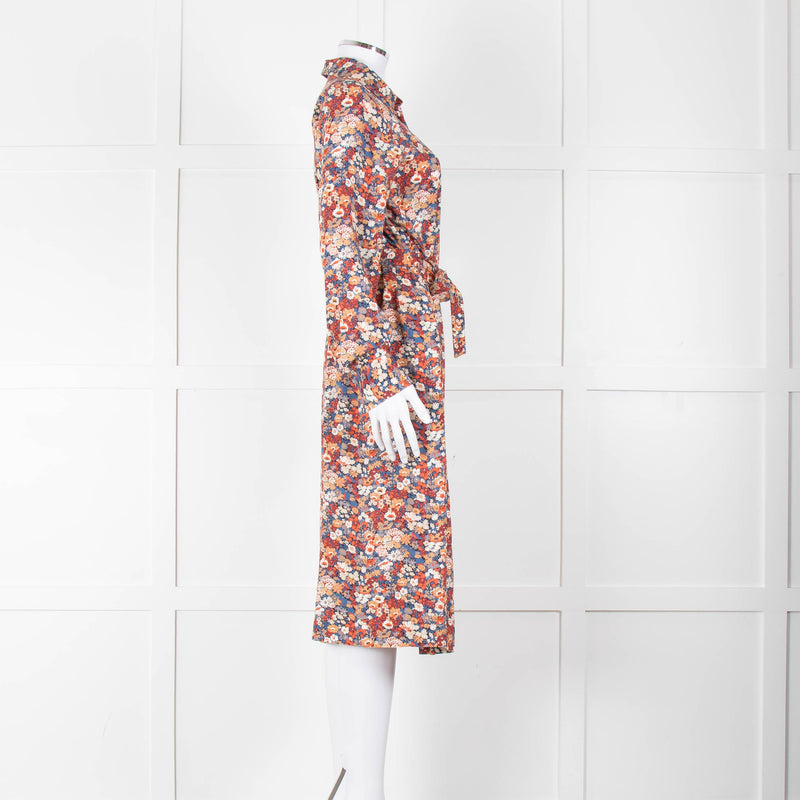 A.P.C Blue Orange Floral Button Up Belted Long Dress
