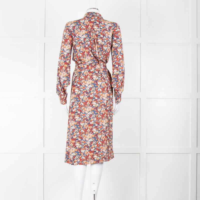 A.P.C Blue Orange Floral Button Up Belted Long Dress