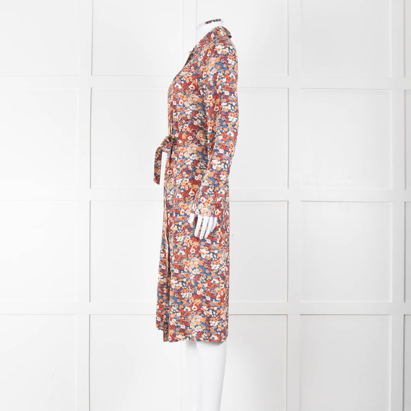 A.P.C Blue Orange Floral Button Up Belted Long Dress