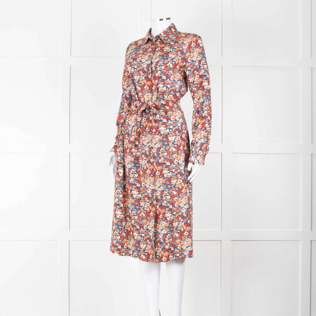 A.P.C Blue Orange Floral Button Up Belted Long Dress