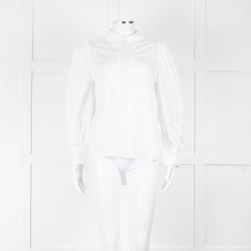 See By Chloe White Cotton Lace Detail Puff Sleeve Top