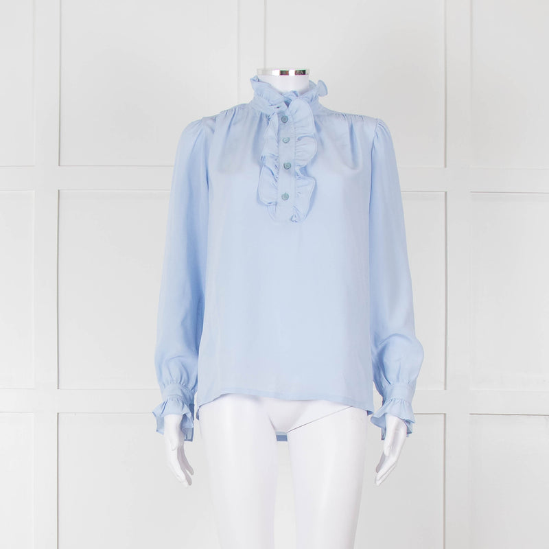 Stella McCartney Pale Blue Silk Frill Trim Long Sleeve Blouse