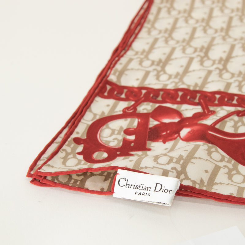 Christian Dior Cream Taupe Red Monogram Silk Scarf