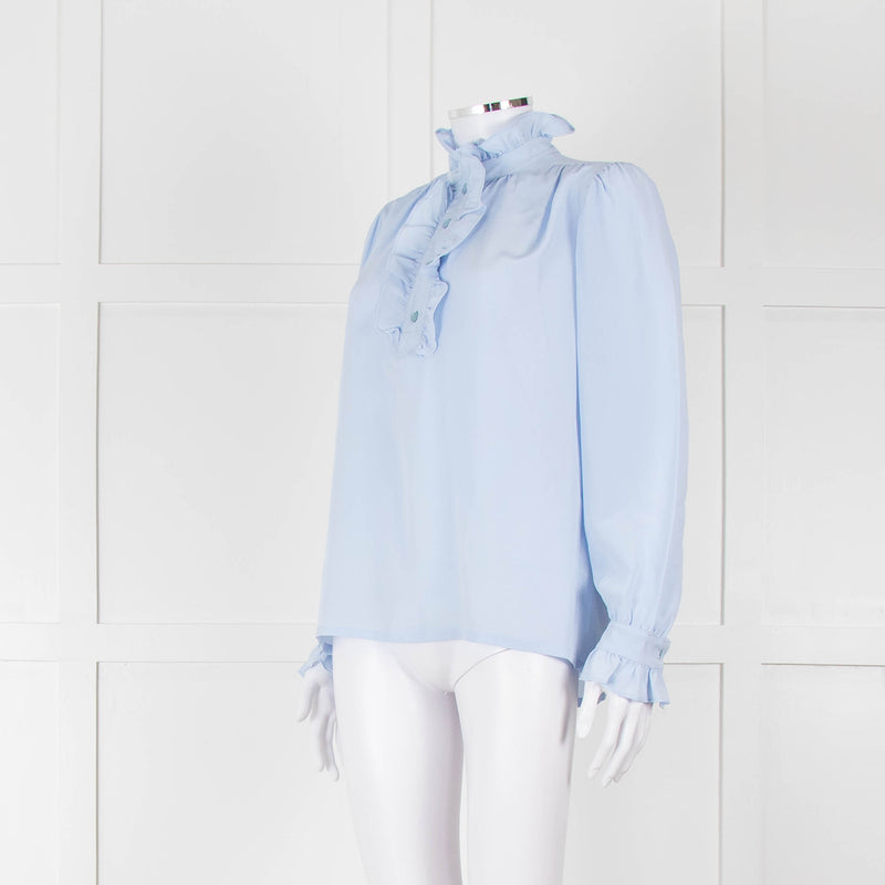 Stella McCartney Pale Blue Silk Frill Trim Long Sleeve Blouse