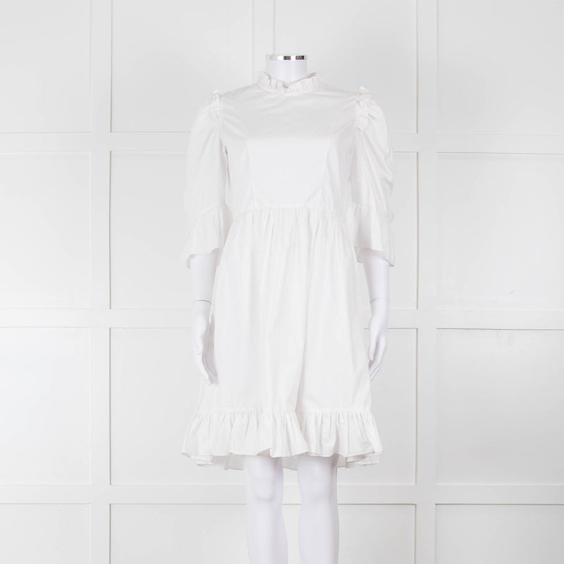 Batsheva White Cotton Frill Detail Short Sleeve Dress