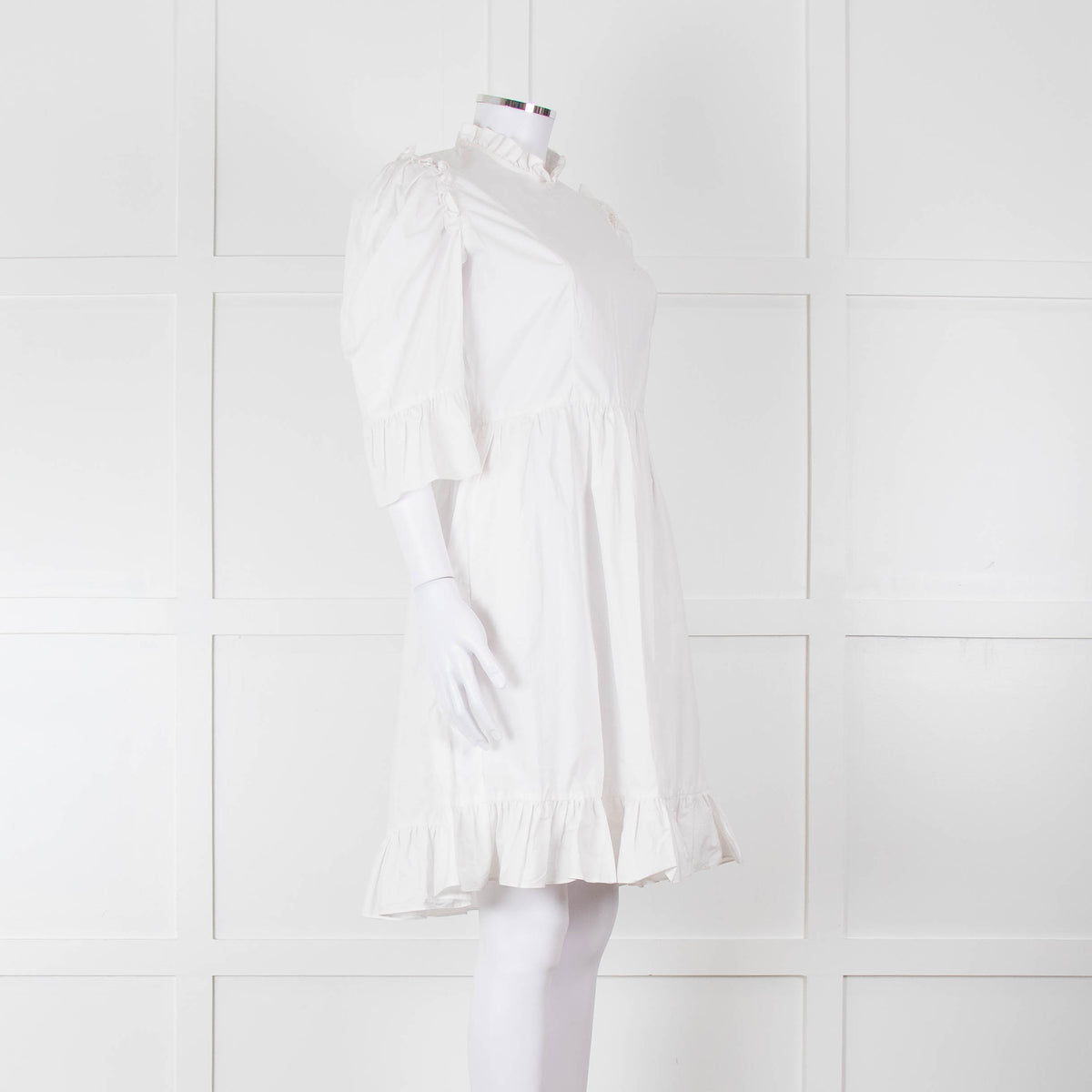 Batsheva White Cotton Frill Detail Short Sleeve Dress