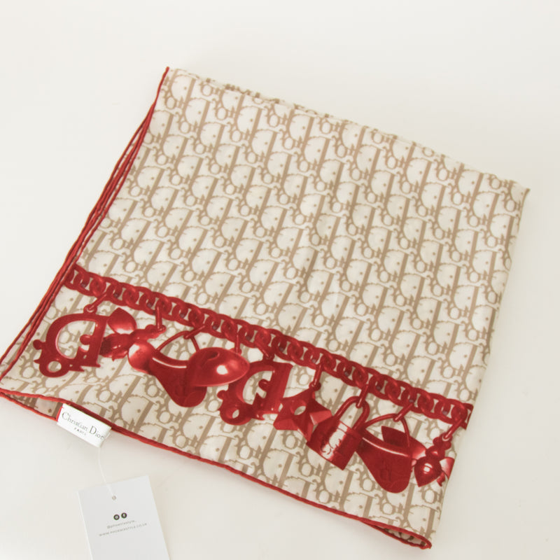 Christian Dior Cream Taupe Red Monogram Silk Scarf