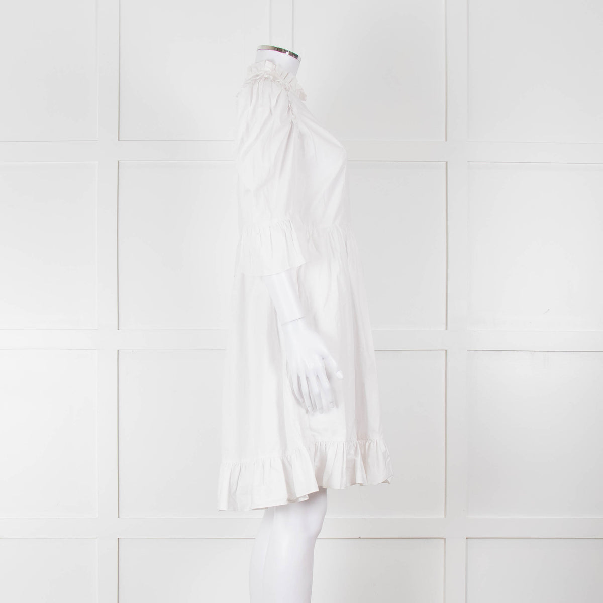 Batsheva White Cotton Frill Detail Short Sleeve Dress