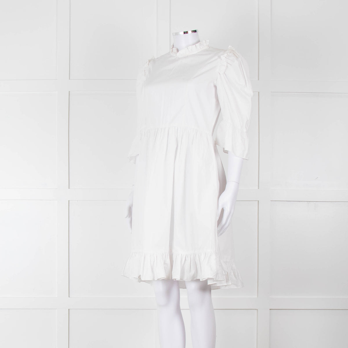 Batsheva White Cotton Frill Detail Short Sleeve Dress