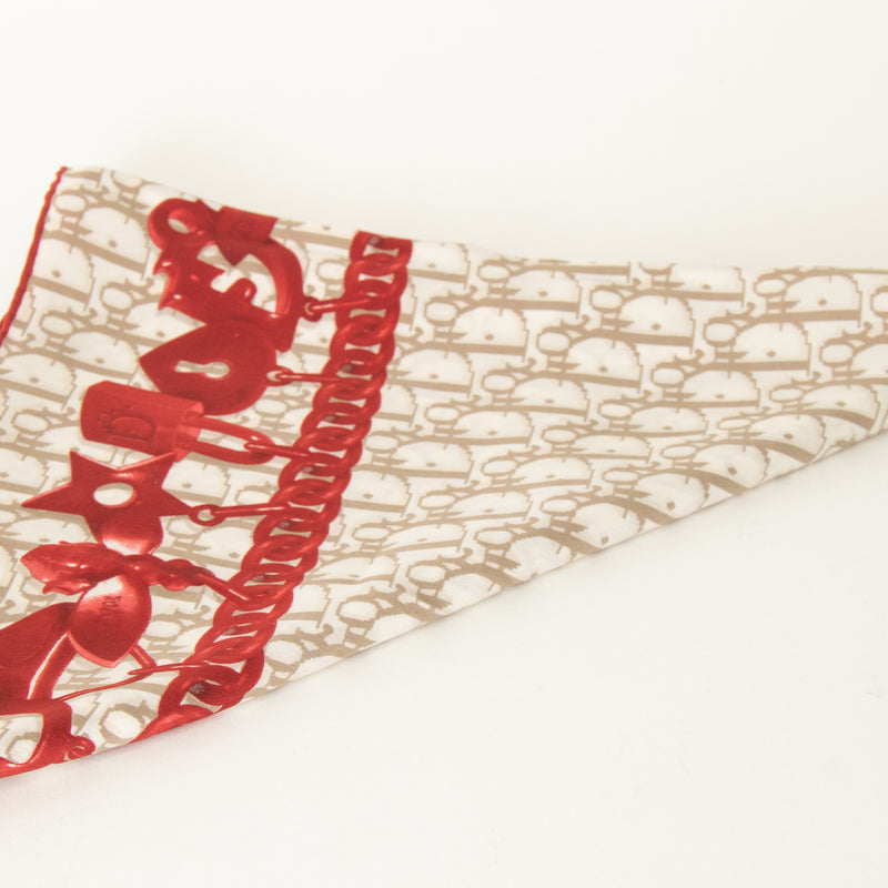 Christian Dior Cream Taupe Red Monogram Silk Scarf