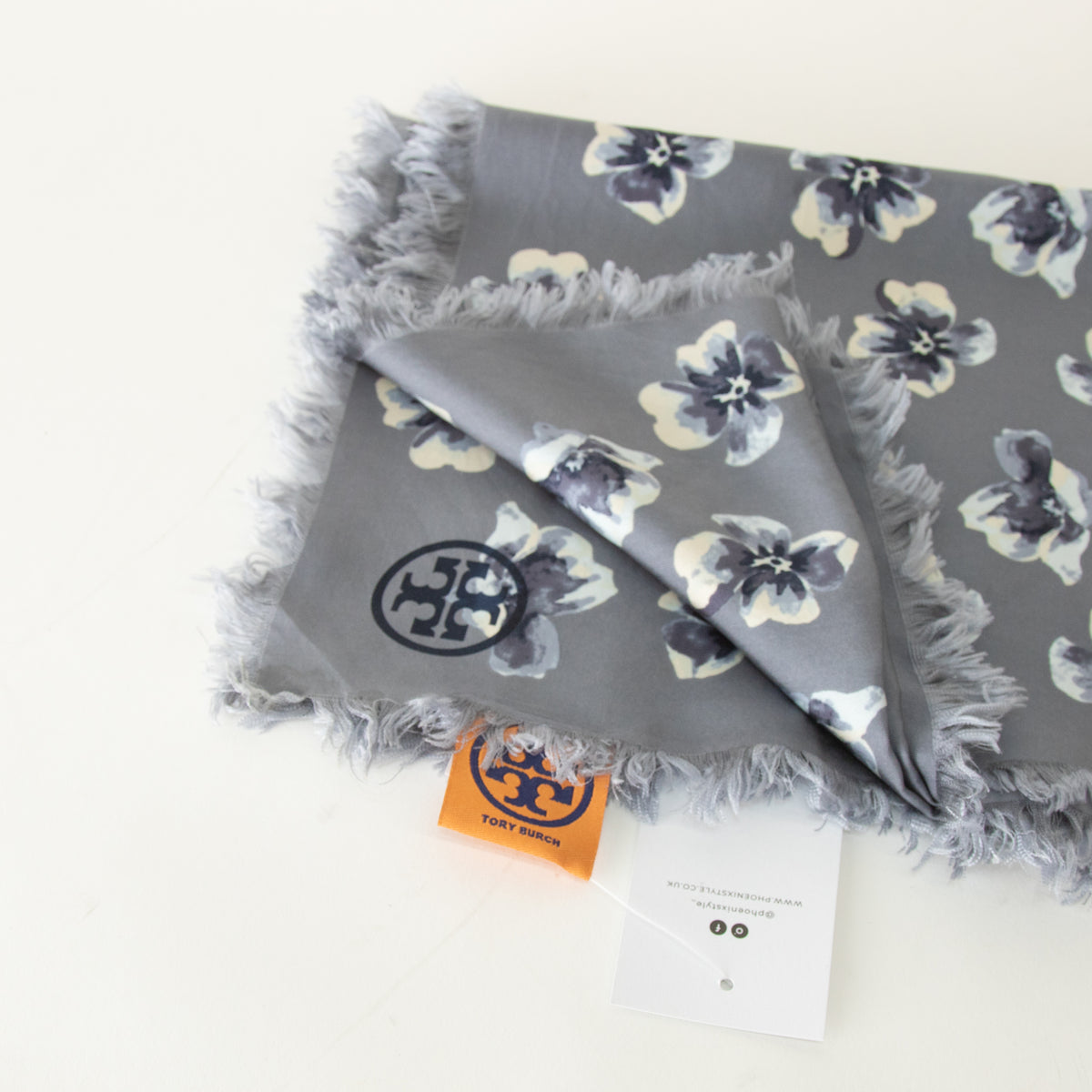 Tory Burch Grey Floral Silk Scarf