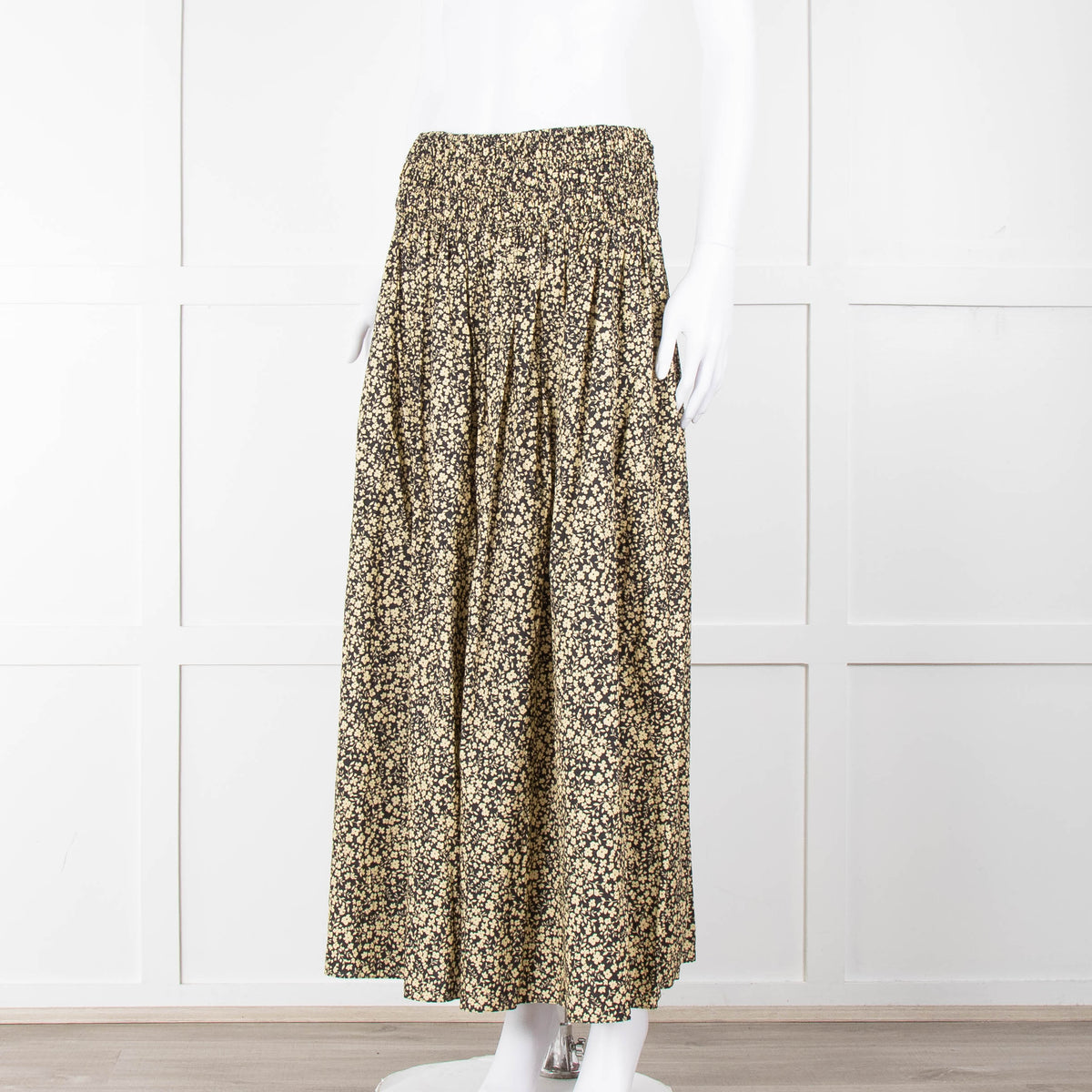 Matteau Black Yellow Floral Cotton Elasticated Maxi Skirt