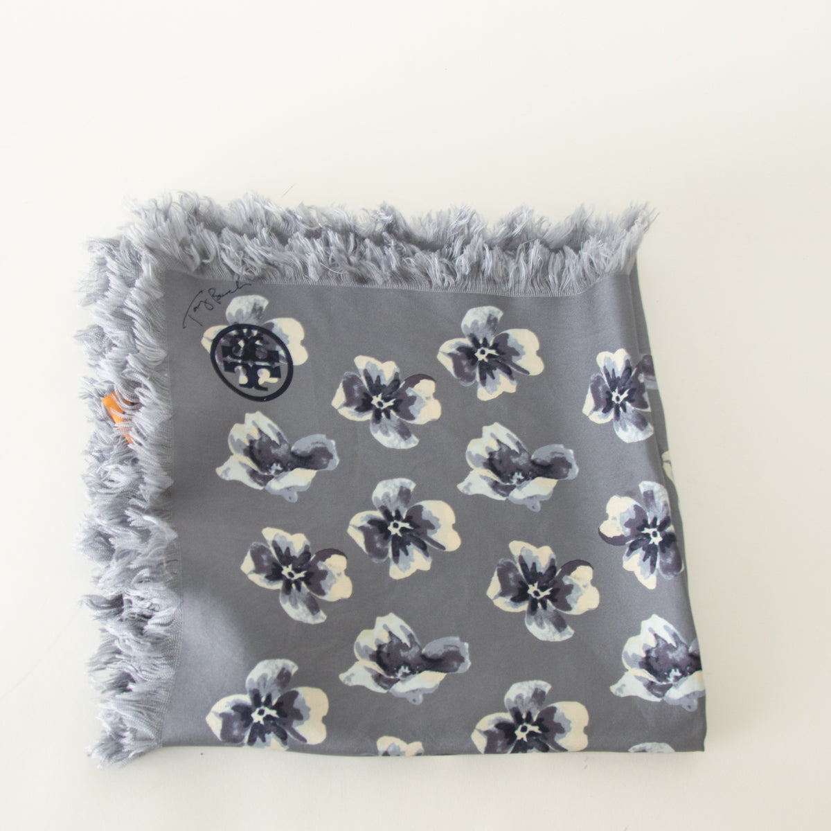 Tory Burch Grey Floral Silk Scarf