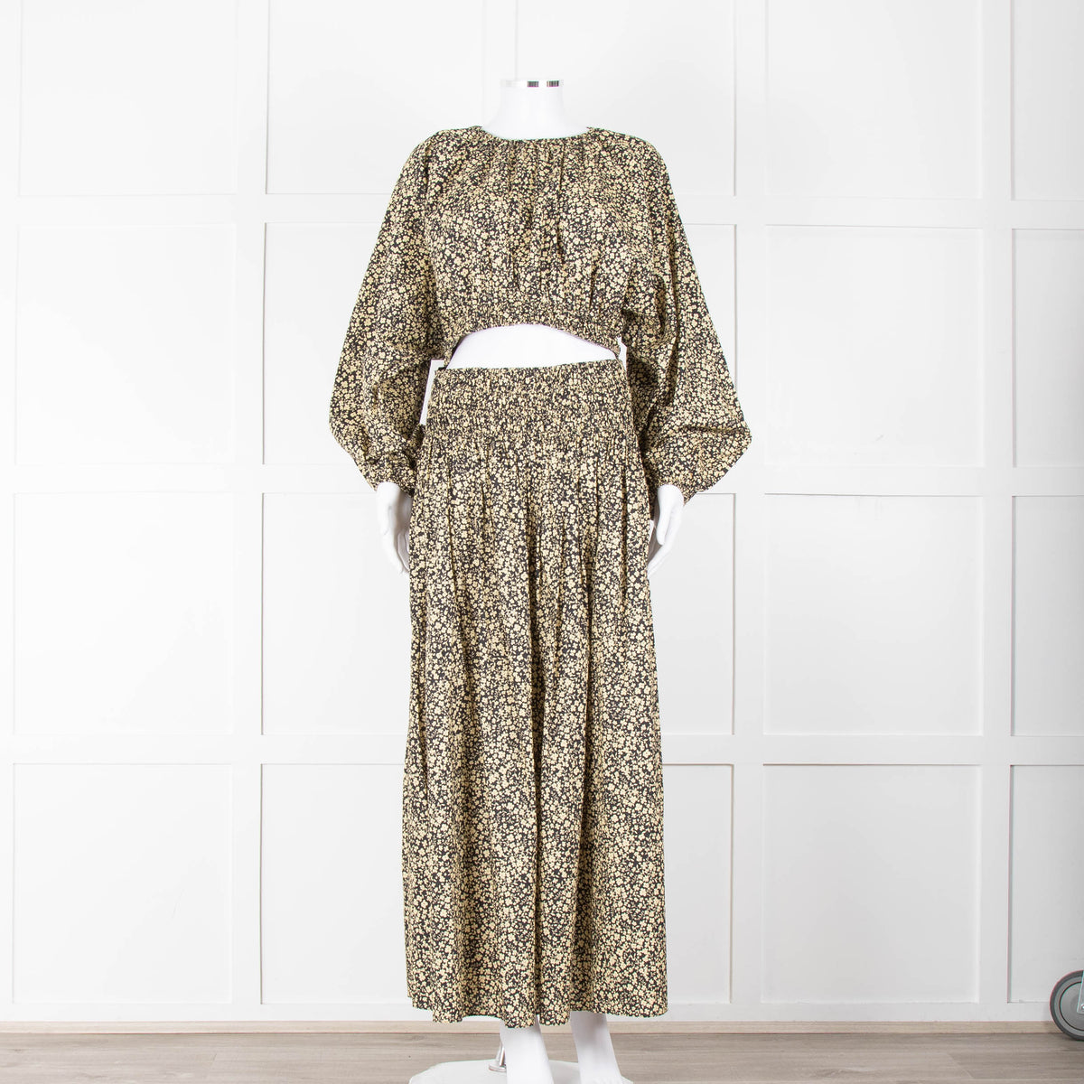 Matteau Black Yellow Floral Cotton Elasticated Maxi Skirt