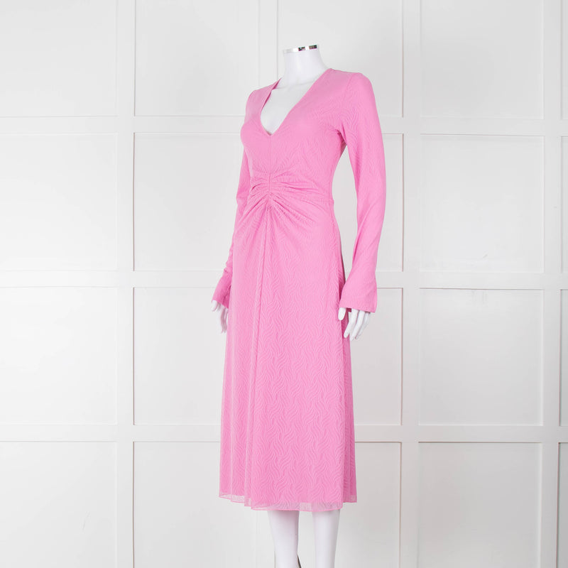 Rotate Pink Mesh Swirl Print Long Sleeve V Neck Dress