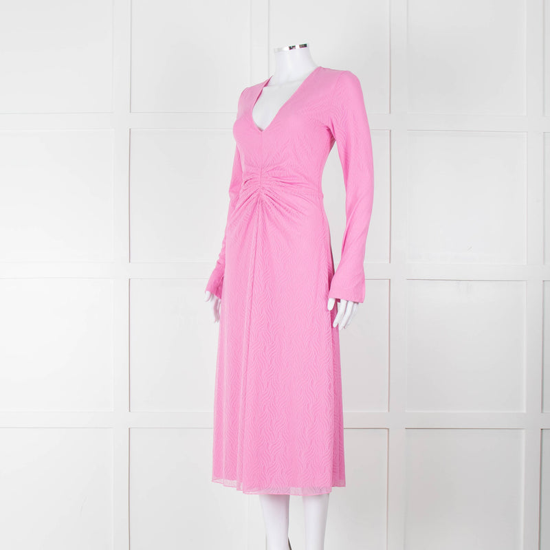 Rotate Pink Mesh Swirl Print Long Sleeve V Neck Dress