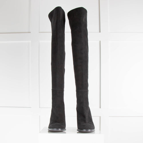 Stuart Weitzman Black Suede Over the Knee Boots with Block Heel