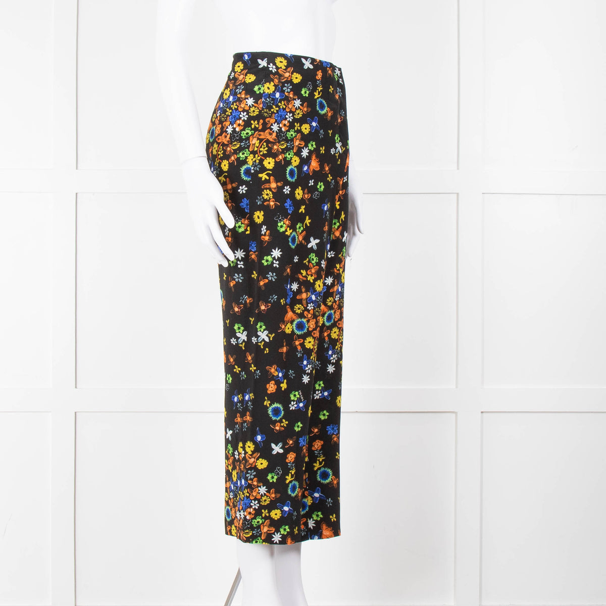 Prada Black Orange Yellow Floral Silk Trousers